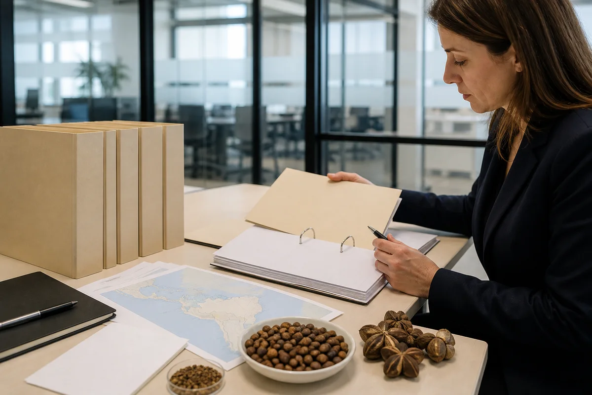 European traditional-food dossier review with roasted seed sample, source map, and blank safety-assessment folders