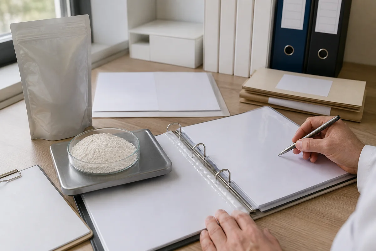 European supplement dossier with mineral complex sample, blank bioavailability chart, and quality-review folders on a daylight bench with a closer quality-review detail