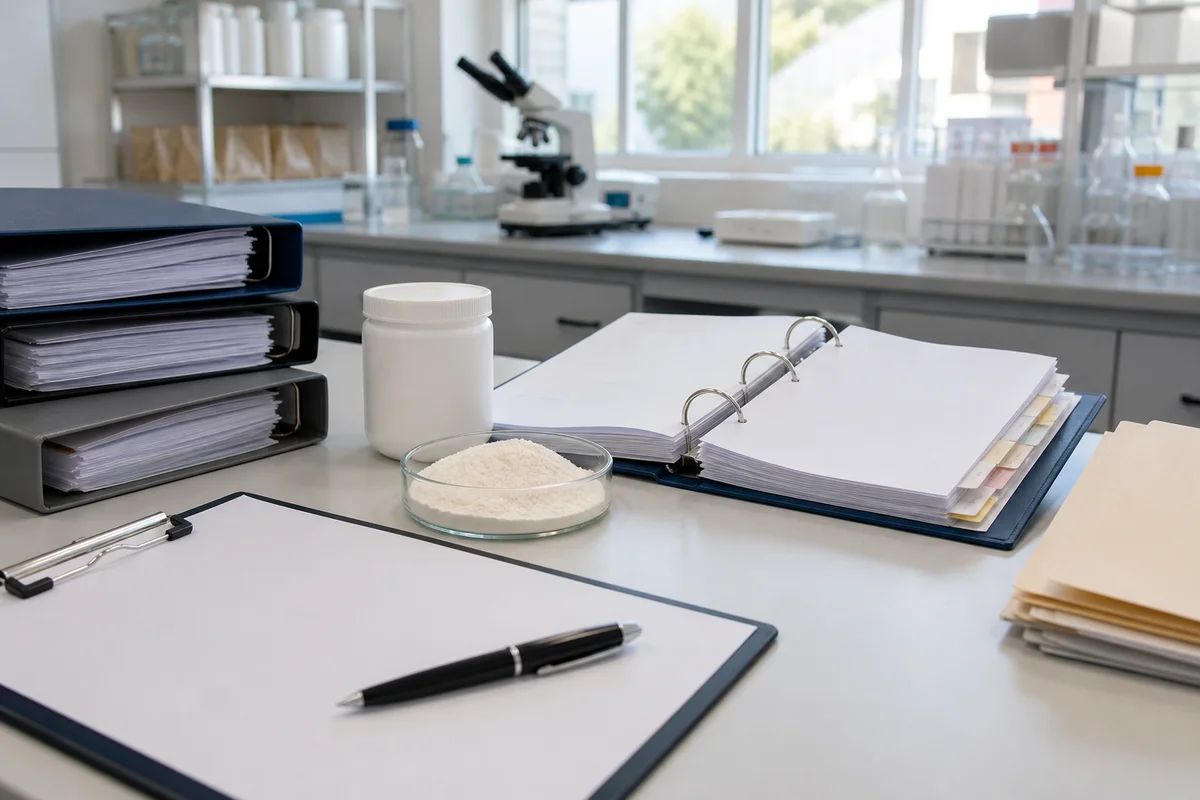 European supplement dossier with mineral complex sample, blank bioavailability chart, and quality-review folders on a daylight bench