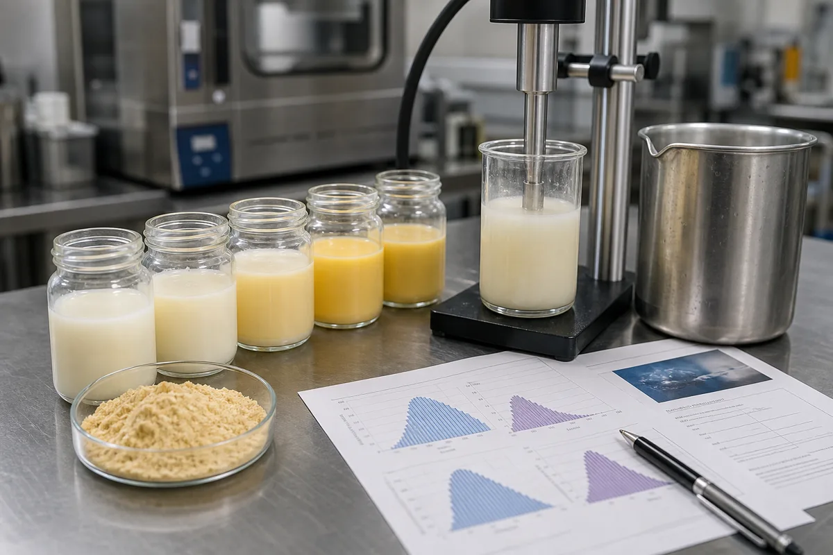 Food science bench with lecithin powder, small emulsion jars, an ultrasonic processor, and droplet-size charts beside a stainless beaker