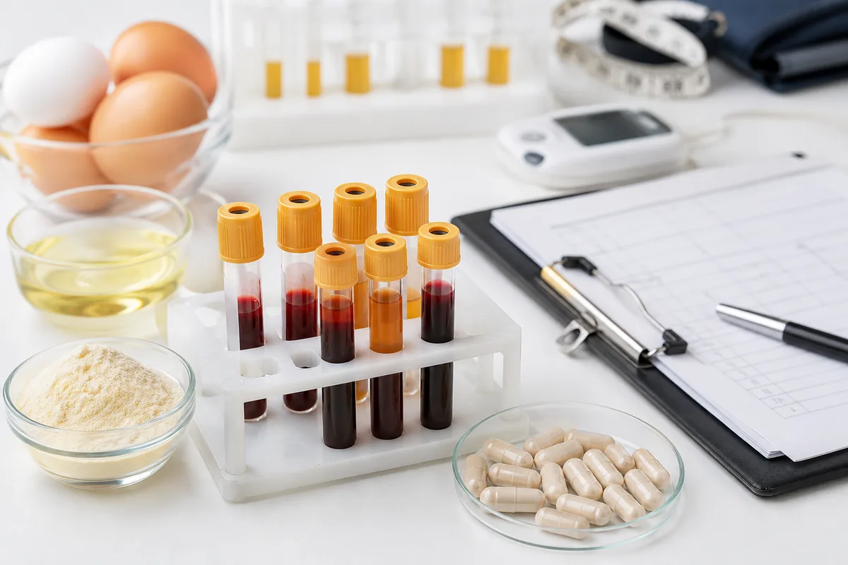 Clinical nutrition bench with egg-yolk ingredients, serum sample tubes, and a lab results worksheet under bright light