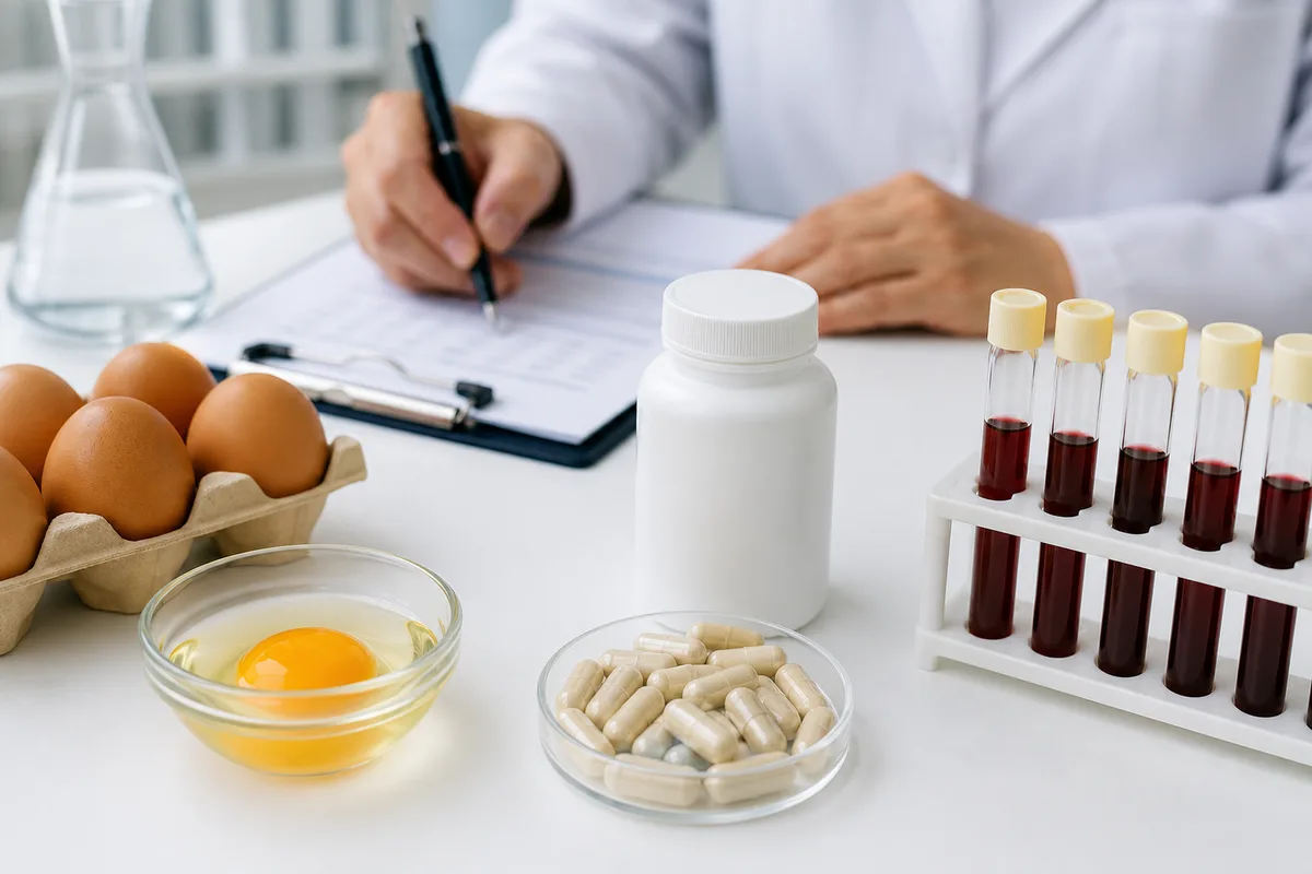 Eggs and an egg yolk on a white plate beside a blood serum tube and clipboard in bright clinical daylight