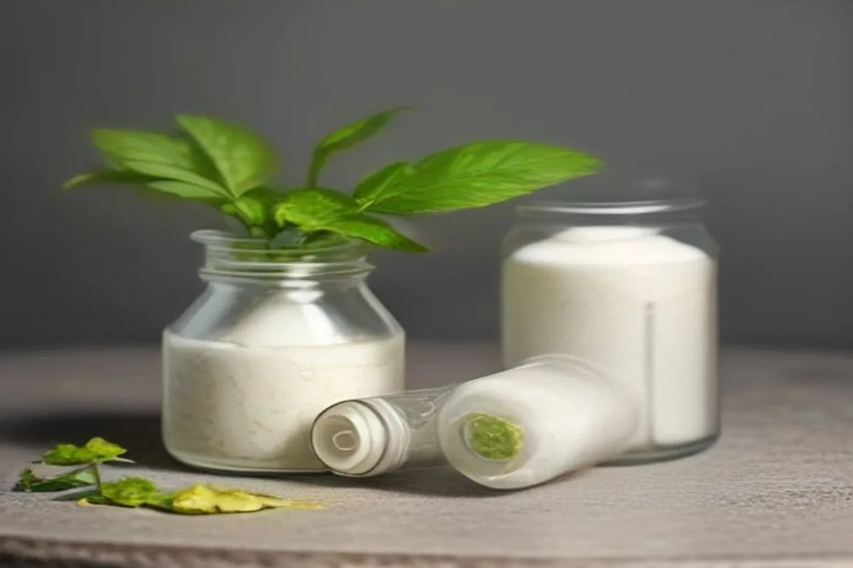 Unlabeled supplement bottles beside open capsules, lemon balm leaves, and pale powder on a light stone surface