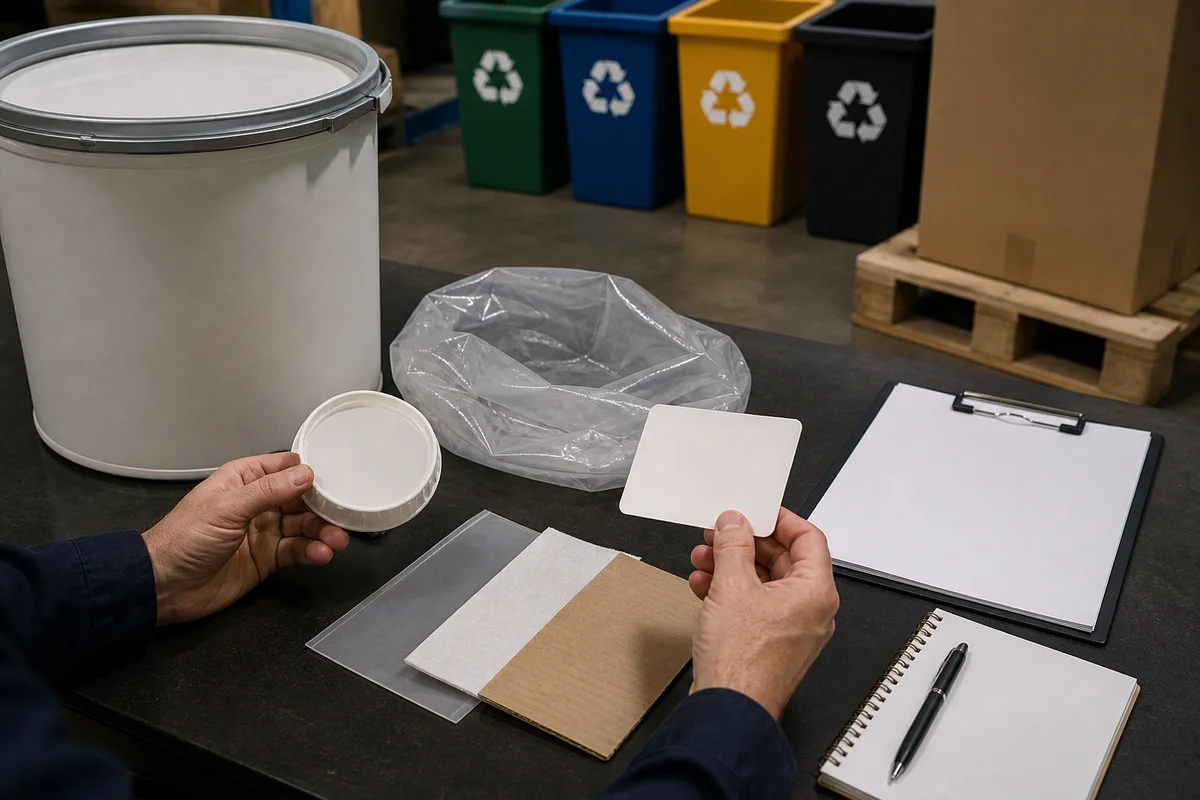 European packaging review with a sealed PS drum, liner material swatches, recycling sorting bins, and a blank compliance card with a closer quality-review detail