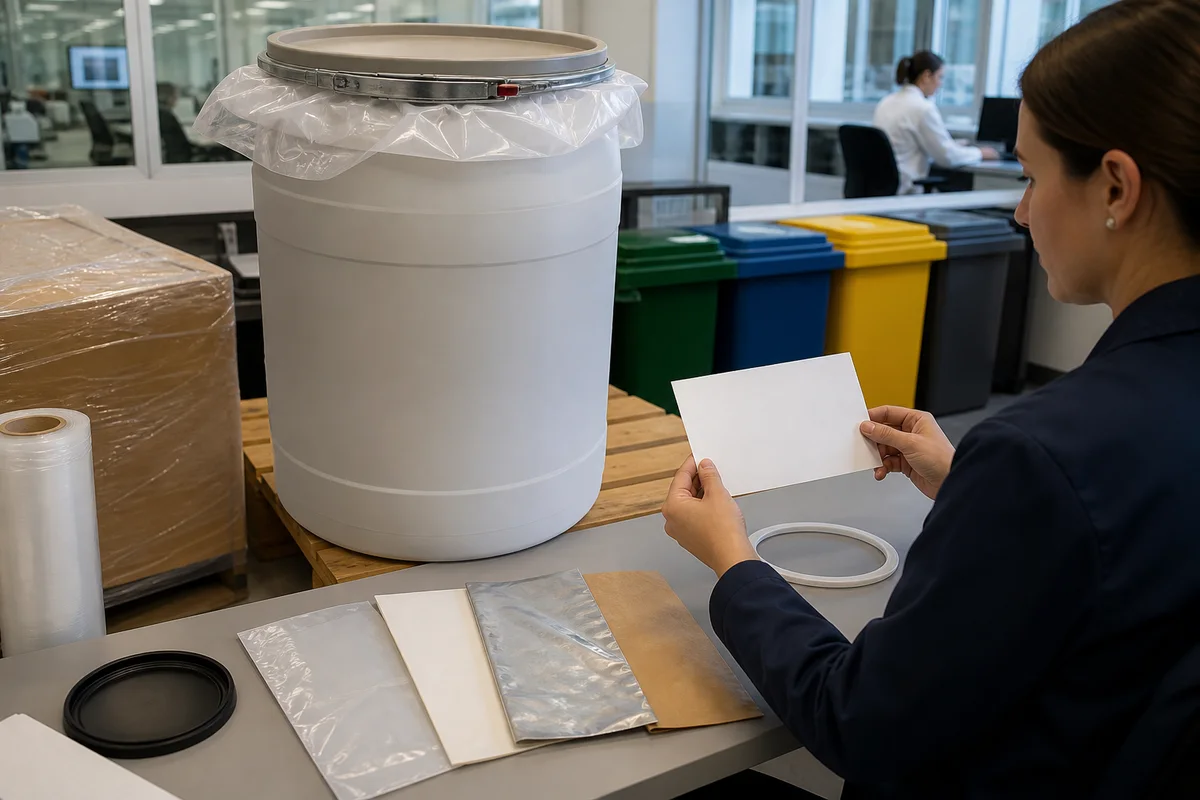 European packaging review with a sealed PS drum, liner material swatches, recycling sorting bins, and a blank compliance card