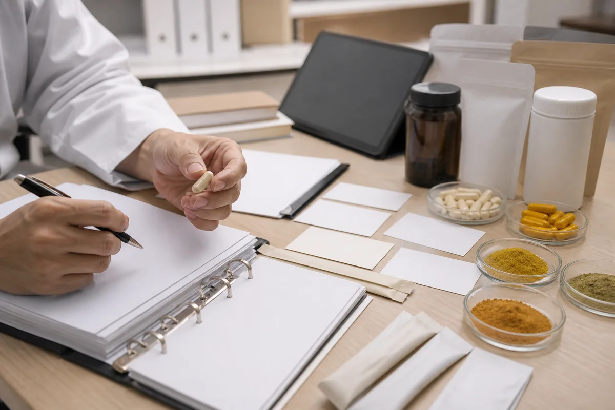 Supplement product-development desk with unbranded capsule and powder prototypes, blank eye-health claim cards, and a quality dossier with a closer quality-review detail