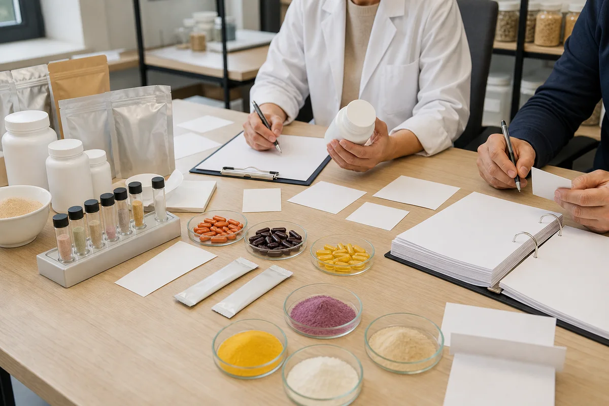 Supplement product-development desk with unbranded capsule and powder prototypes, blank eye-health claim cards, and a quality dossier