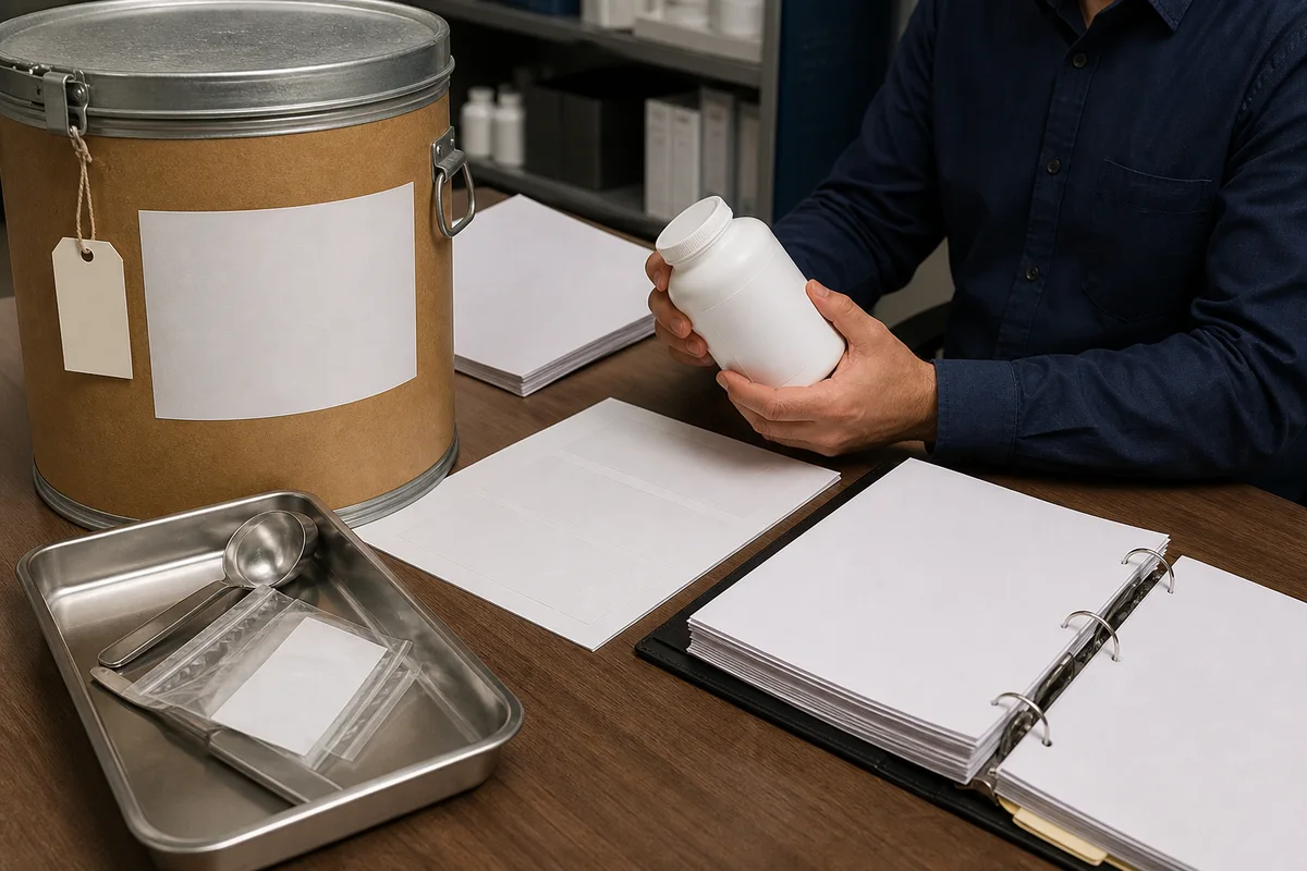 US dietary supplement compliance desk with sealed PS drum, blank label proof, sampling tools, and an inspection file with a closer quality-review detail