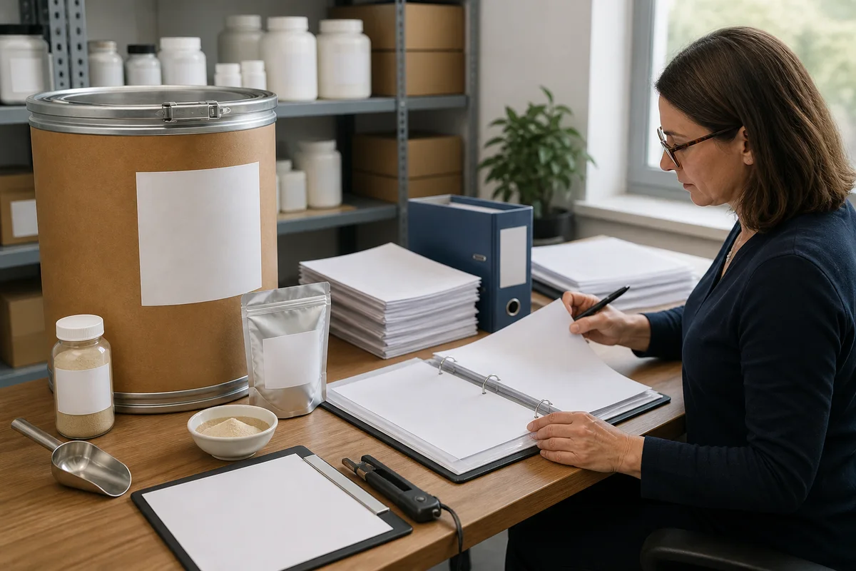 US dietary supplement compliance desk with sealed PS drum, blank label proof, sampling tools, and an inspection file