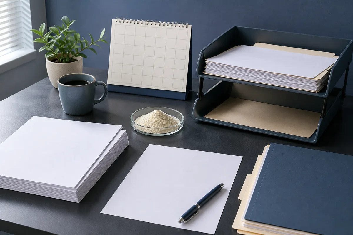 Compliance desk with blank comment sheets, document trays, and a powder dish beside a calendar