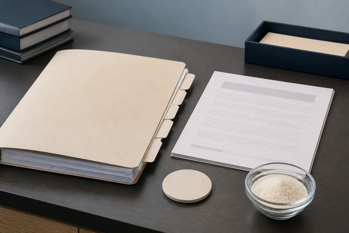 FDA proposed-rule document pages on a clean desk with a US regulatory review checklist and an unbranded ingredient dossier folder