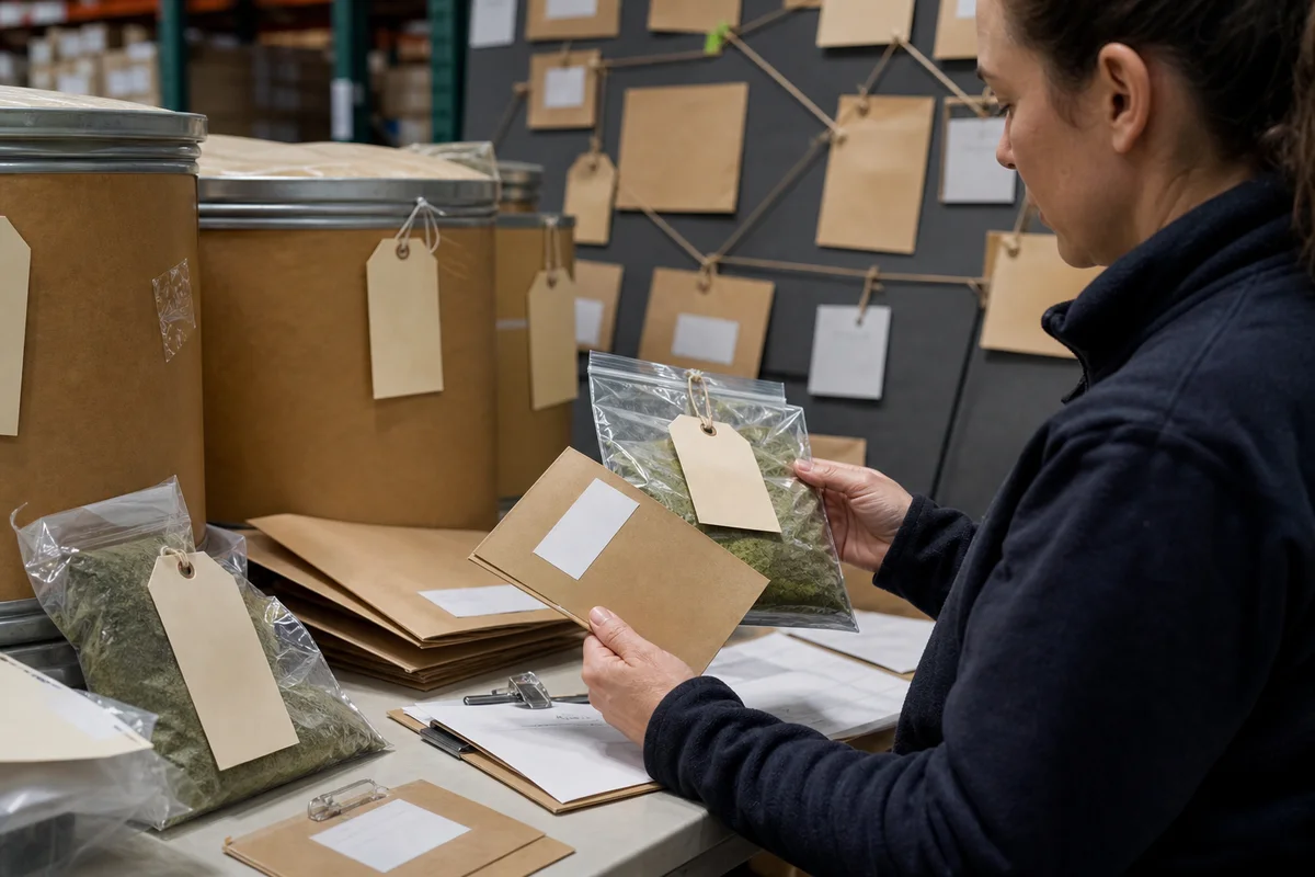 Ingredient traceback review with sealed powder drums, sample bags, lot cards, and a US warehouse investigation board with a closer quality-review detail
