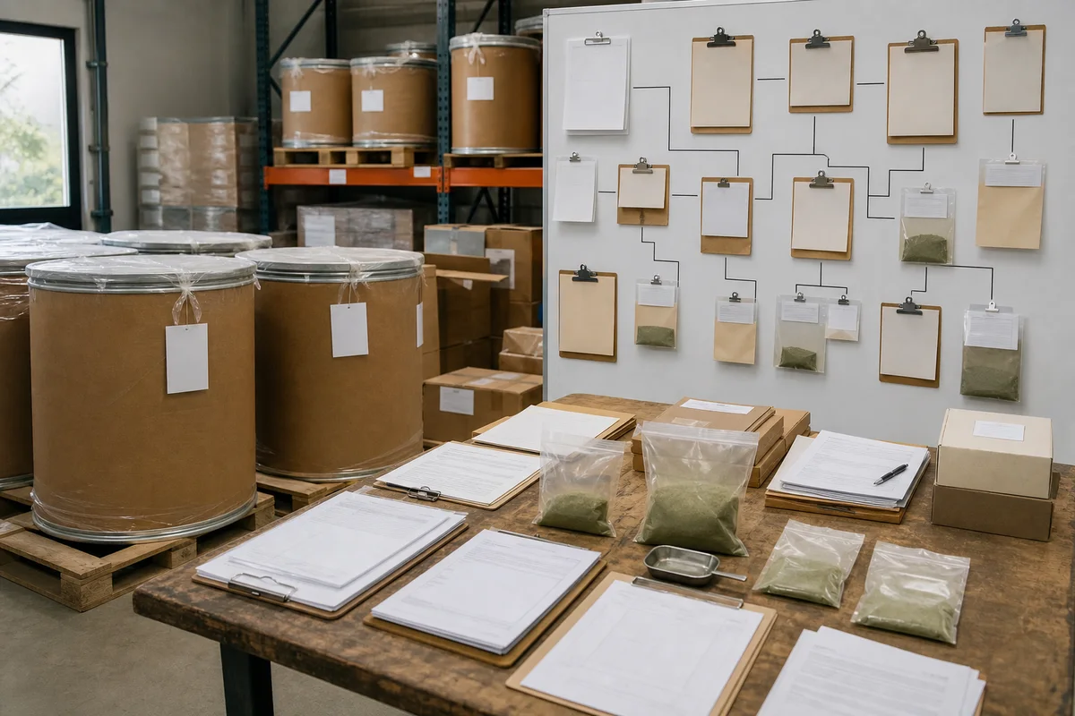 Ingredient traceback review with sealed powder drums, sample bags, lot cards, and a US warehouse investigation board