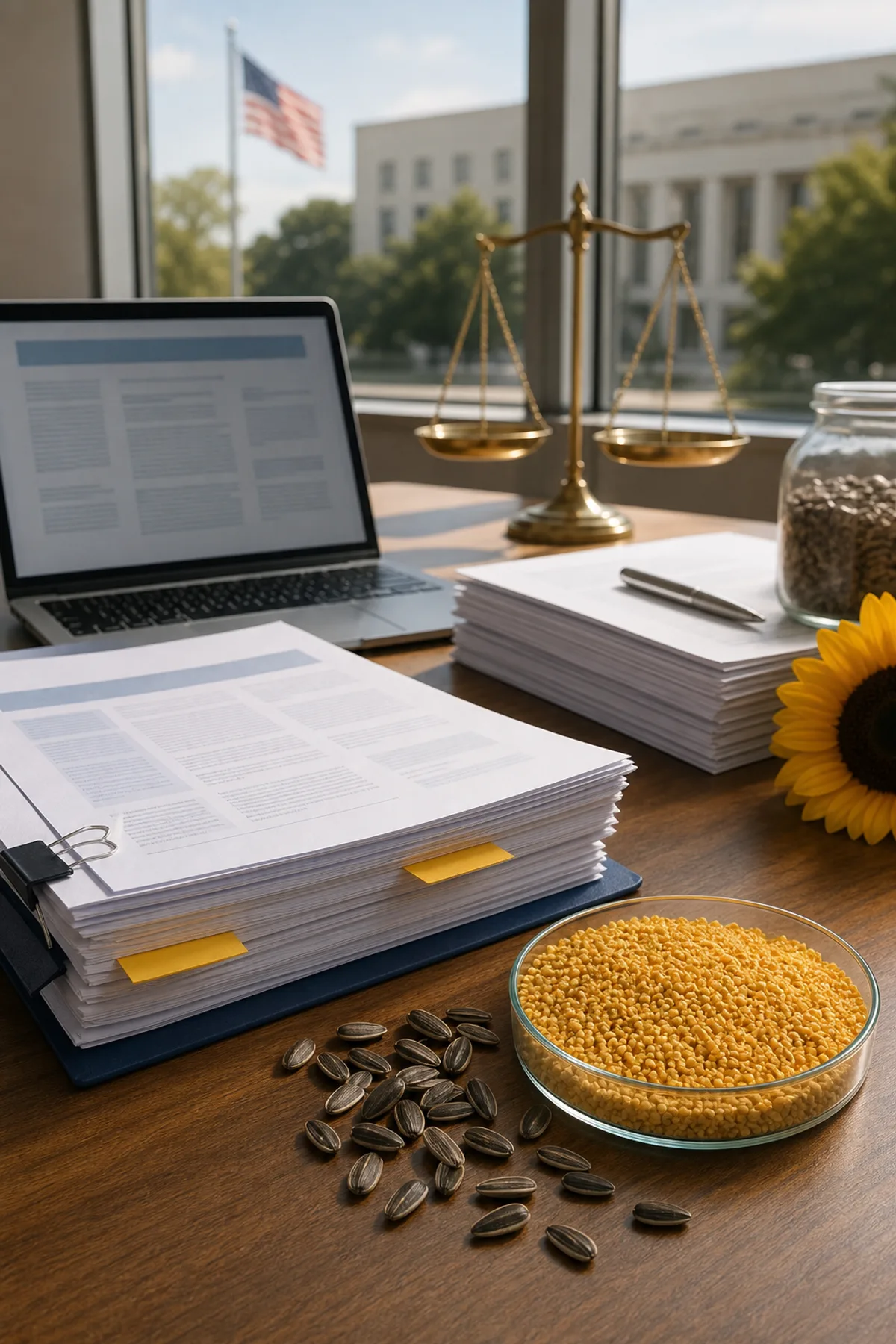 Regulatory affairs desk with sunflower lecithin samples, sunflower seeds, and approval-style ingredient documents