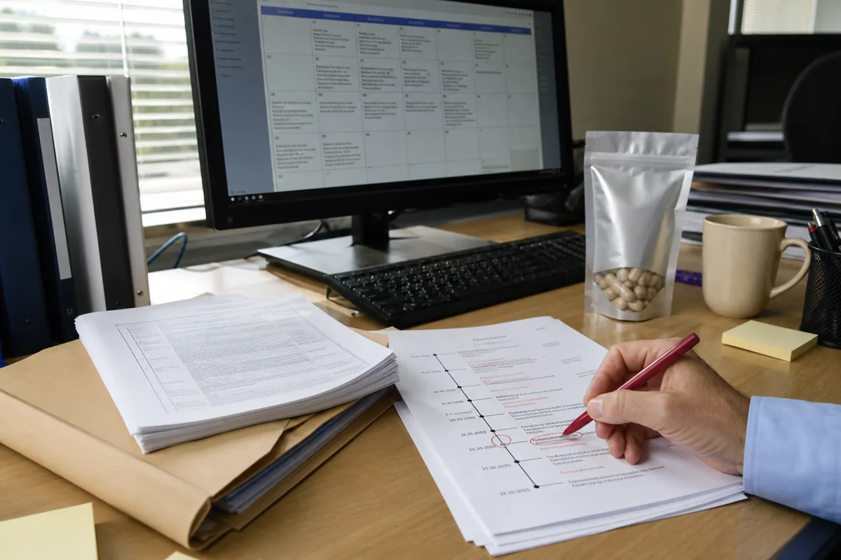 Regulatory affairs desk with rulemaking documents, a compliance calendar on a monitor, and an unbranded sample pouch beside marked review papers