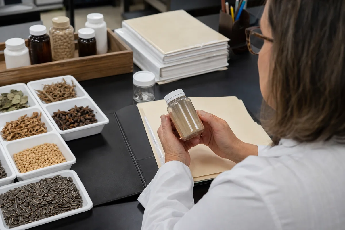 US quality laboratory identity review with botanical source trays, sealed supplement sample containers, and an FDA alert file with a closer quality-review detail