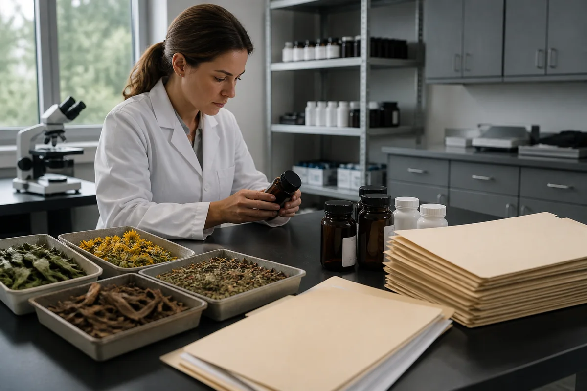 US quality laboratory identity review with botanical source trays, sealed supplement sample containers, and an FDA alert file