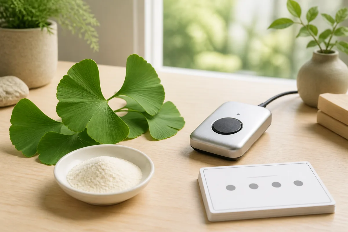 Ginkgo leaves and a response-button device on a calm cognitive-testing desk