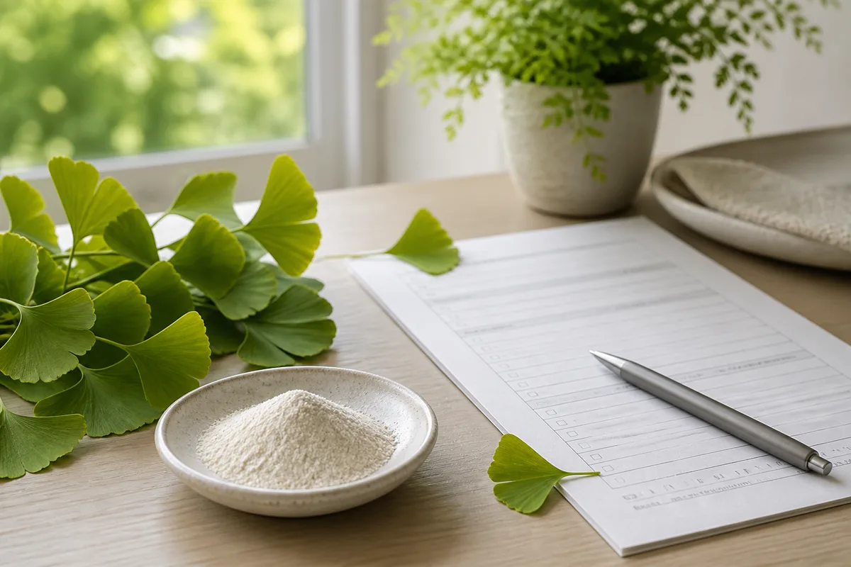 Ginkgo leaves beside a small white powder dish and a soft-focus questionnaire on a calm wellness desk scene