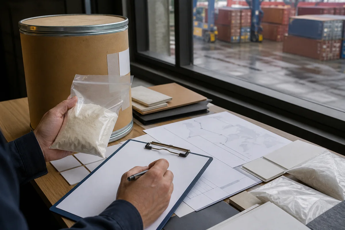 Ingredient procurement desk with a sealed PS drum, freight route cards, and a container terminal through a warehouse window with a closer quality-review detail