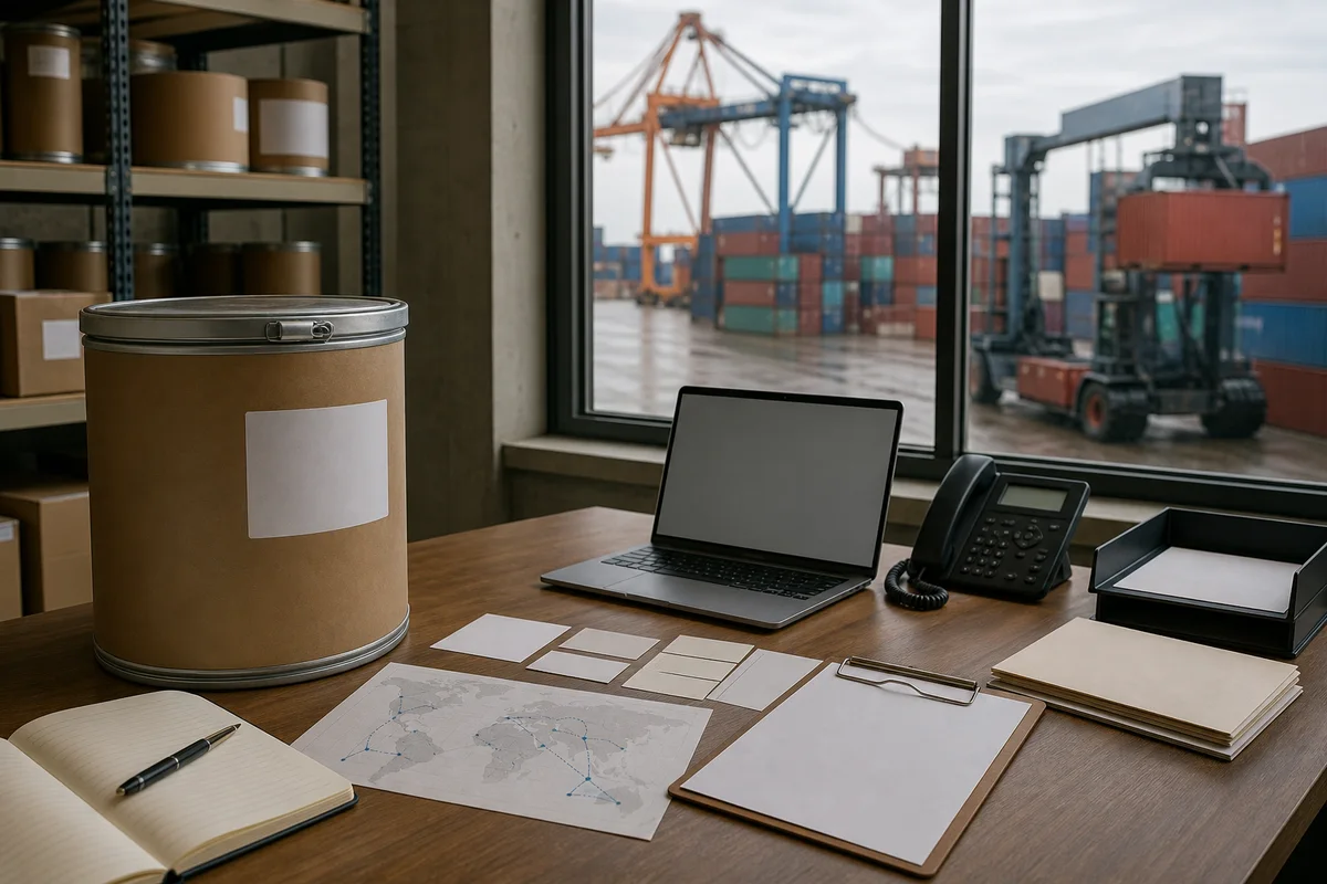 Ingredient procurement desk with a sealed PS drum, freight route cards, and a container terminal through a warehouse window