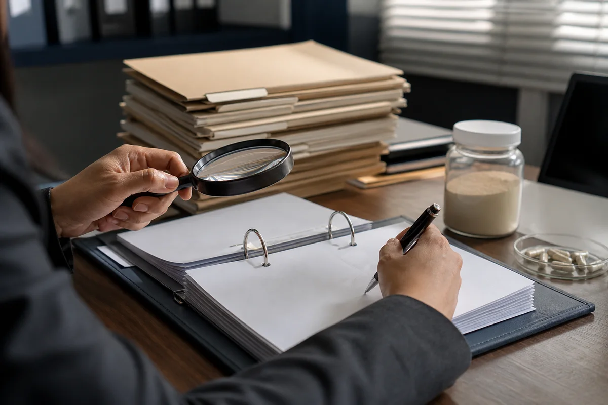 US regulatory affairs desk with a blank FDA leadership file, ingredient sample jar, and supplement compliance folders with a closer quality-review detail
