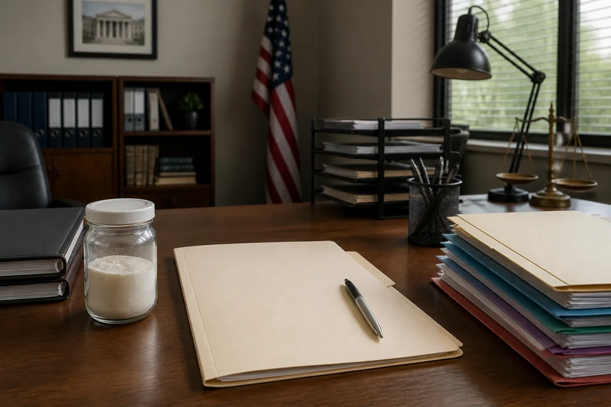 US regulatory affairs desk with a blank FDA leadership file, ingredient sample jar, and supplement compliance folders