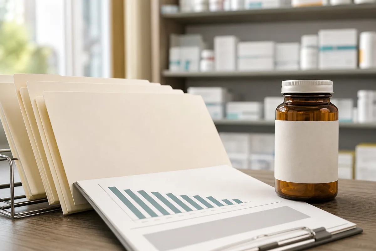 Reimbursement folders and a pharmacy bottle beside a declining market chart sheet