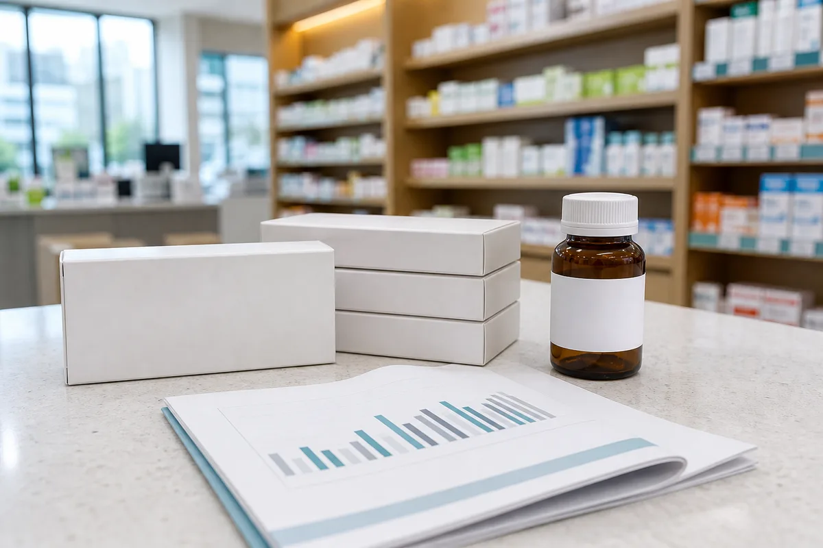 Seoul pharmacy counter scene with prescription boxes, a market chart printout, and a Korean-language medication label in soft daylight