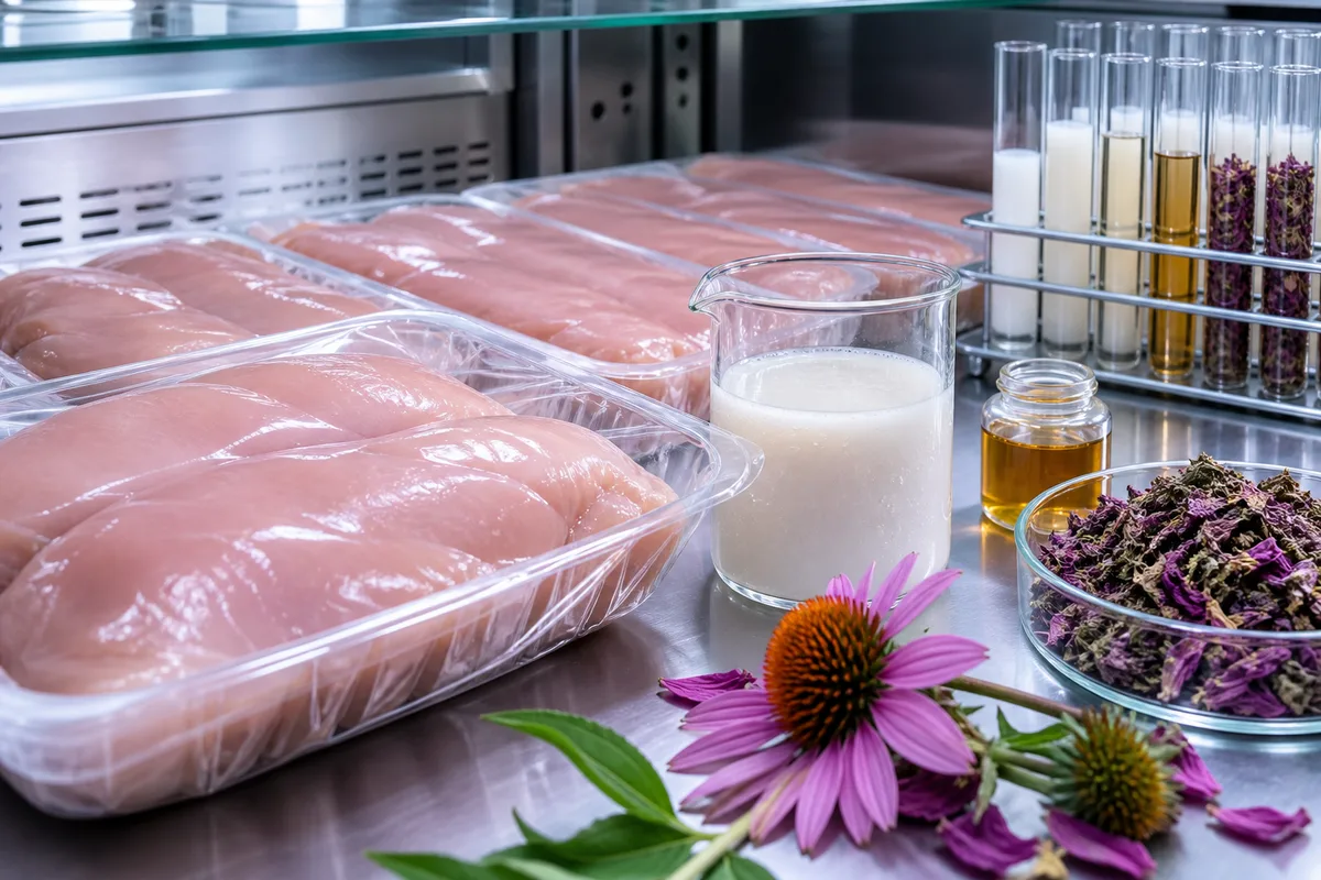 Chicken fillets with nanoliposome liquid, lecithin, and echinacea in a chilled food-science display