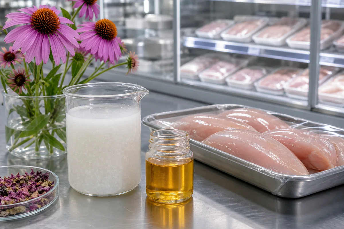 Food science bench with purple coneflower blooms, a milky nanoliposome suspension in a beaker, and packaged chicken fillets in a cold display
