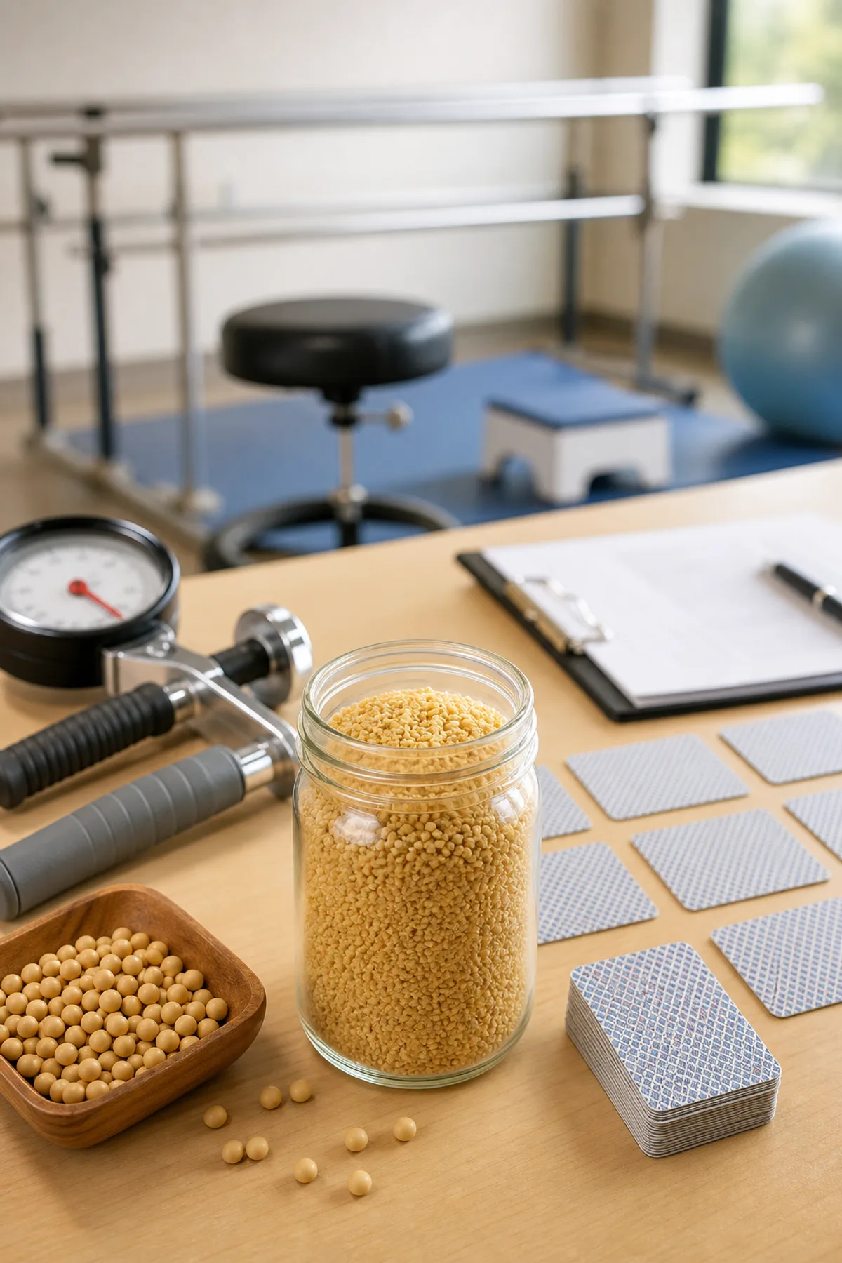 Active aging assessment scene with lecithin granules, a hand-grip tester, and memory-task tools in a clinical setting
