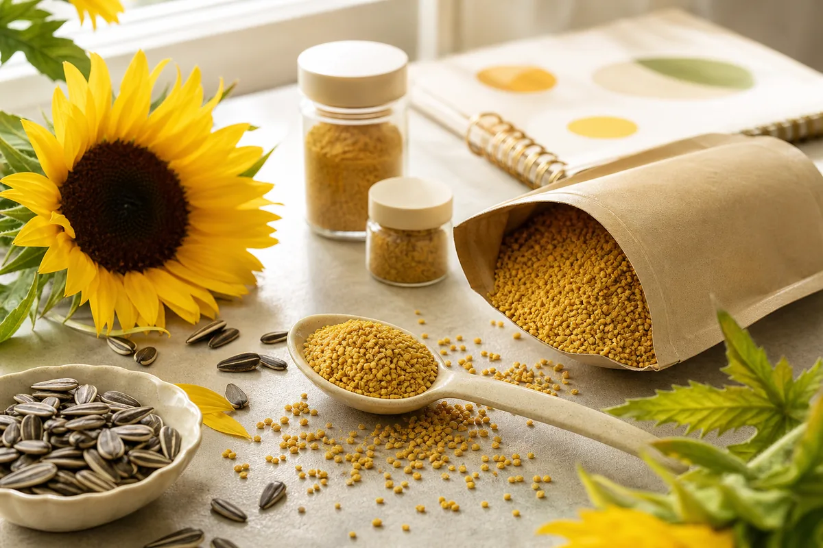 Sunflower lecithin granules pouring from an unbranded kraft pouch beside sunflower heads and seeds in warm daylight