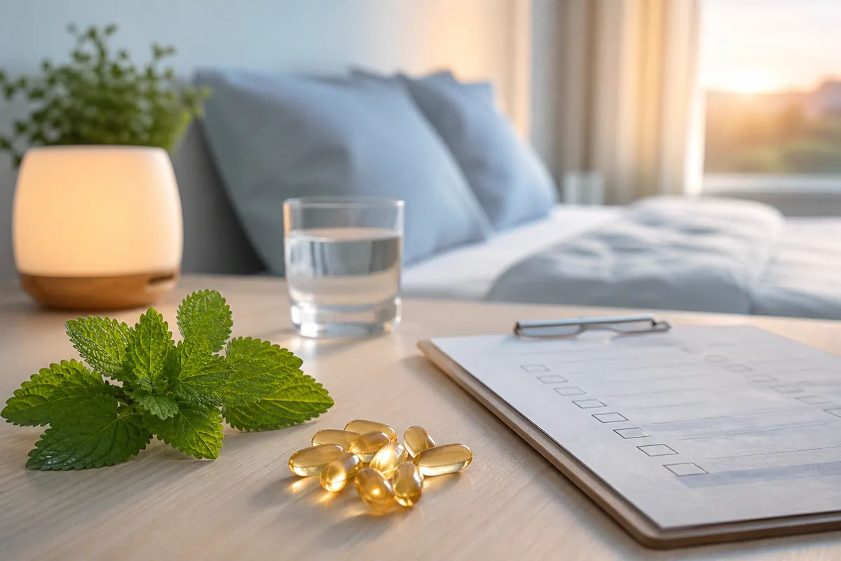 Lemon balm leaves and amber capsules on a bedside table beside a sleep-assessment clipboard and water glass