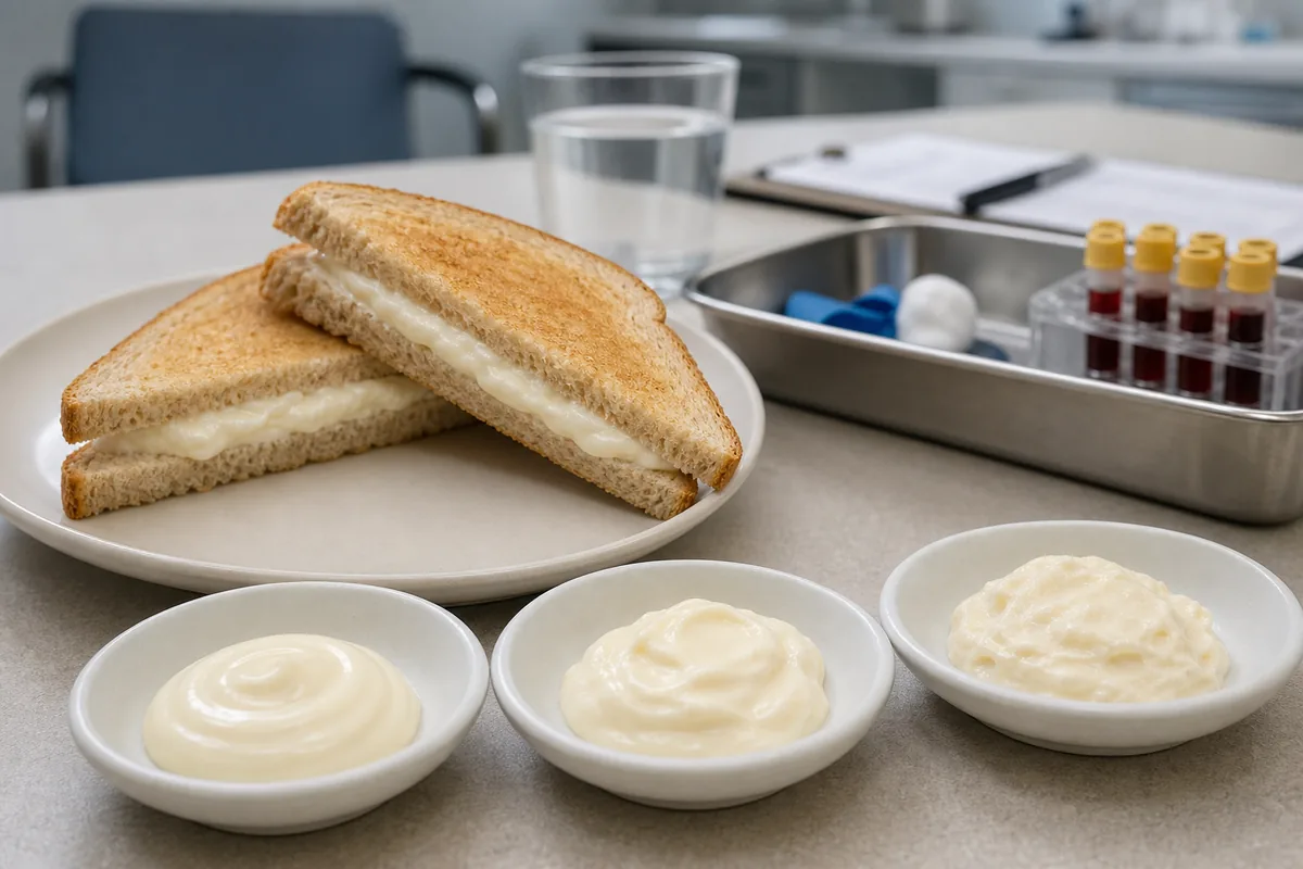 High-fat dairy spread sandwiches and three spread dishes on a clinical meal-testing table with blood tubes in soft focus