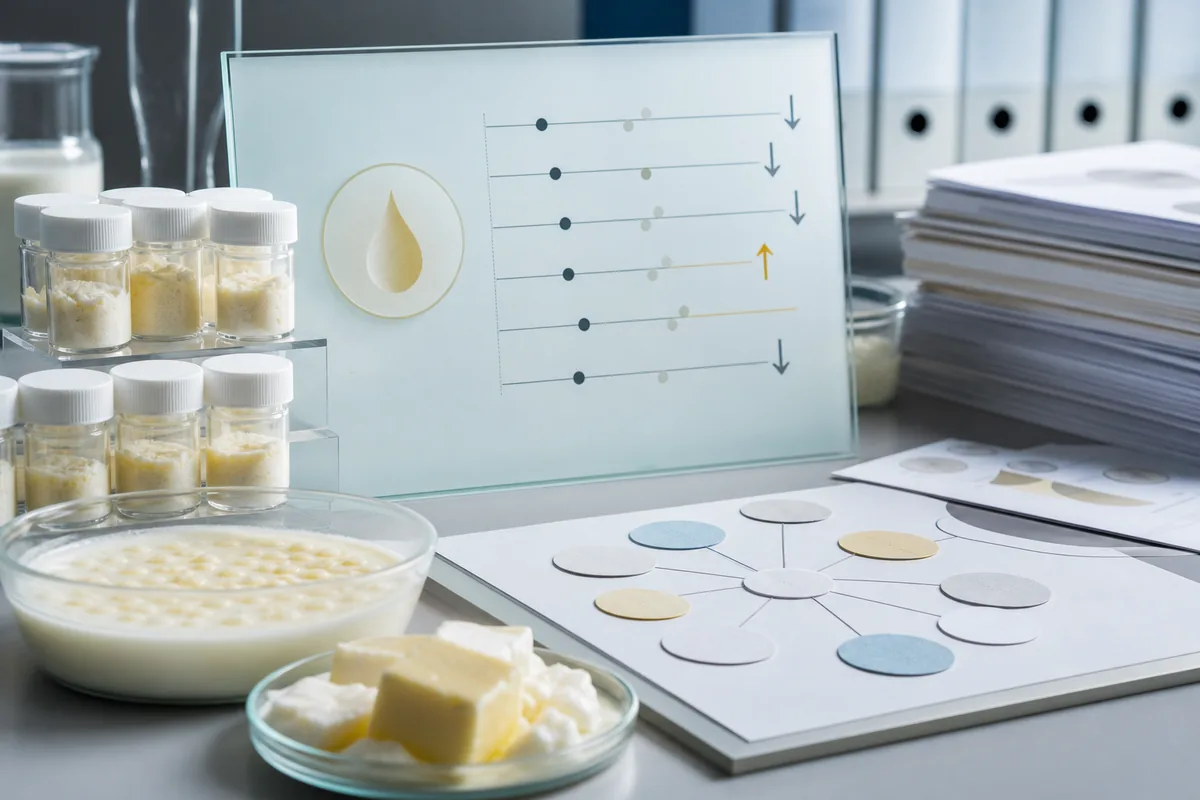 Dairy polar lipid samples, a creamy emulsion dish, and an abstract evidence board showing pooled-study trend arrows