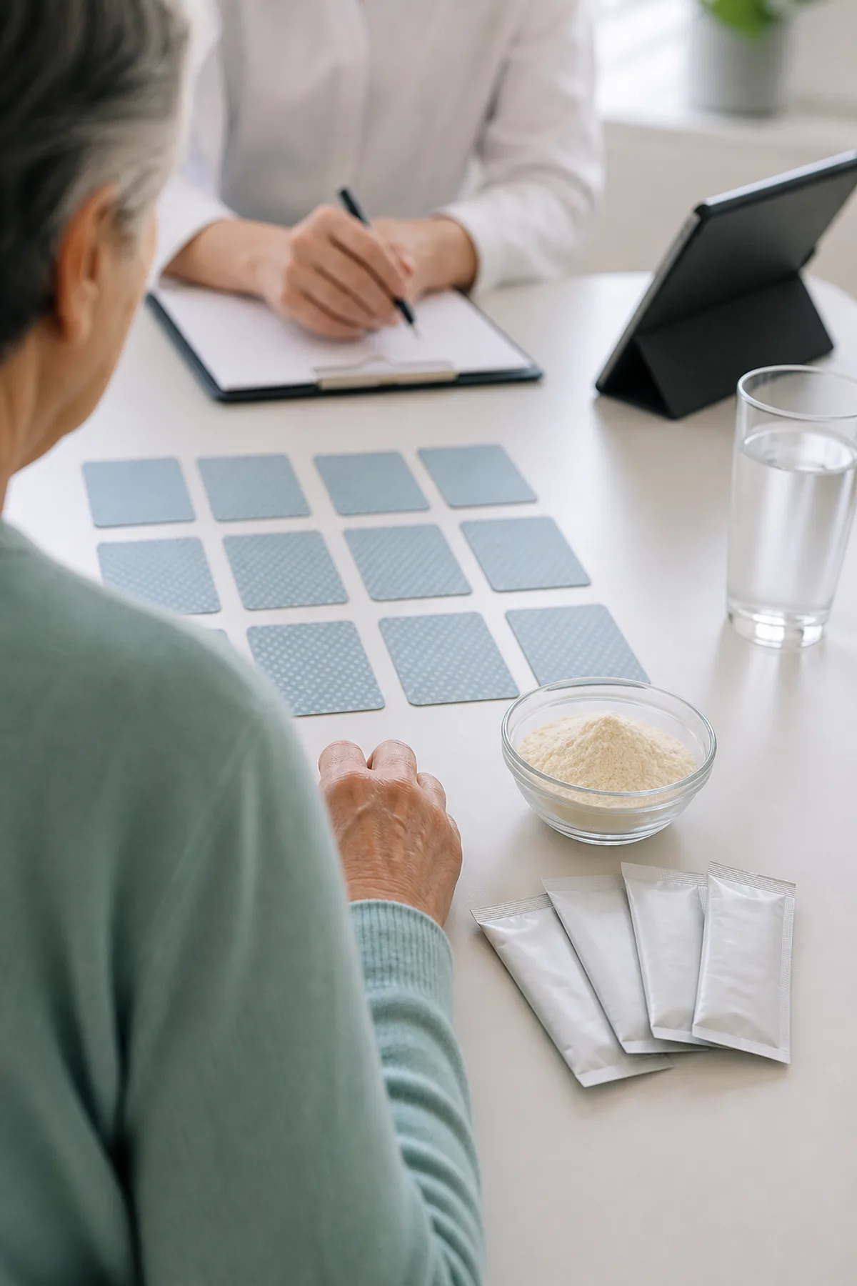 Clinical assessment table with face-down memory cards, sachets of nutrition powder, and an older adult participating in a cognition task