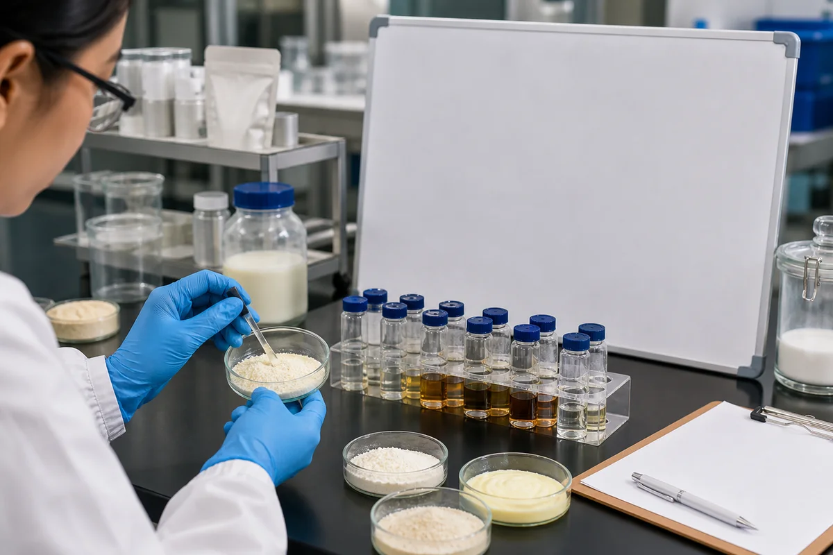 Food science laboratory with dairy membrane sample dishes, chromatography vials, and a blank evidence review board with a closer quality-review detail