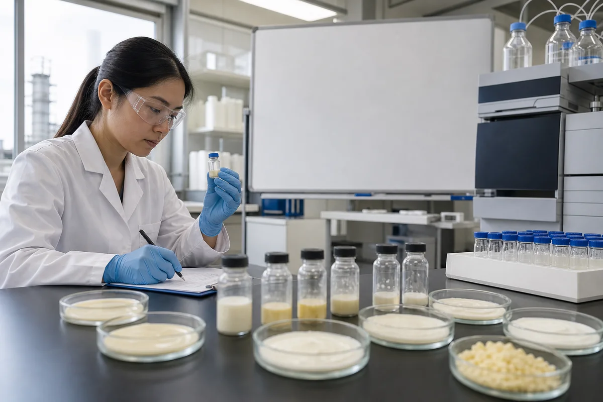 Food science laboratory with dairy membrane sample dishes, chromatography vials, and a blank evidence review board