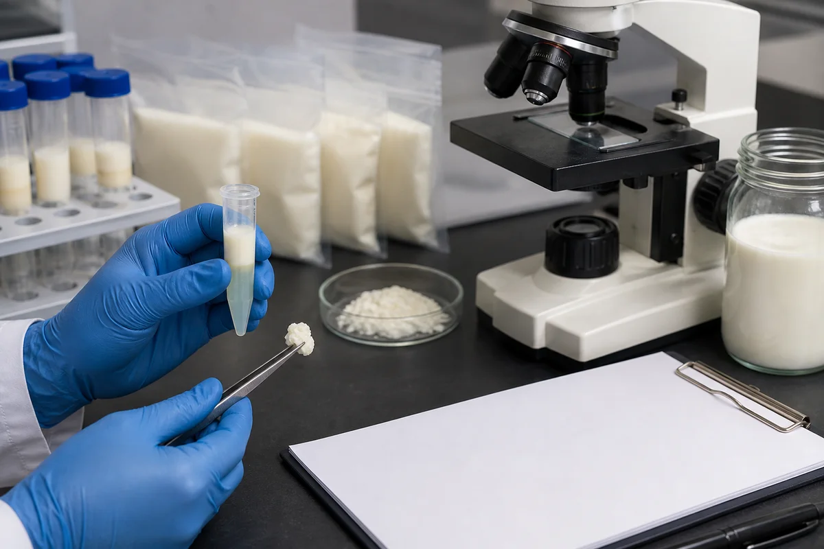 Dairy nutrition research bench with milk-fat membrane sample cues, blank infant-nutrition dossier, and microscopy equipment with a closer quality-review detail