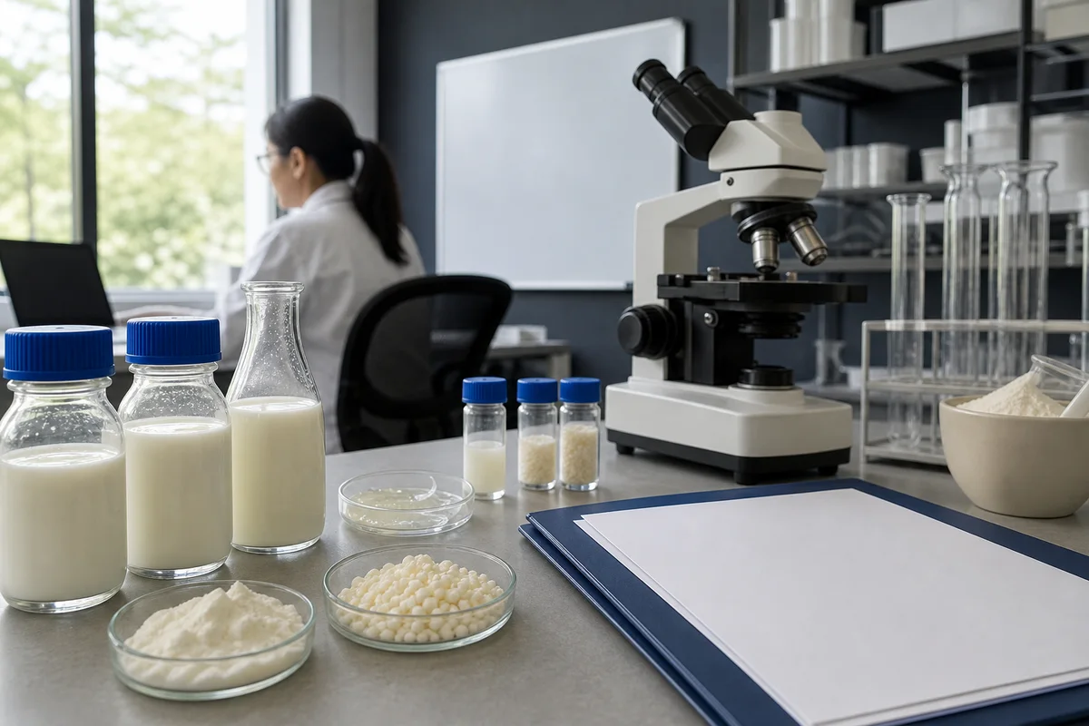 Dairy nutrition research bench with milk-fat membrane sample cues, blank infant-nutrition dossier, and microscopy equipment