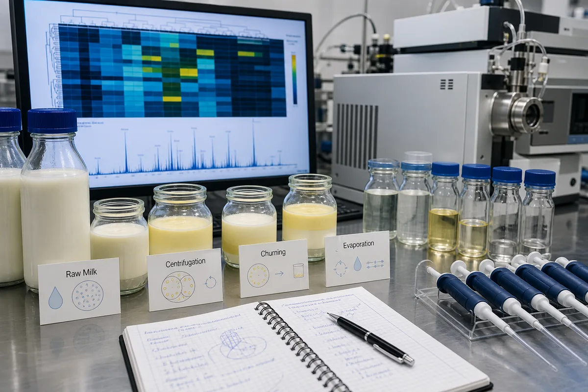 Dairy lipidomics workstation with milk separation vessels, mass spectrometry graphics, and notes on phospholipid recovery losses