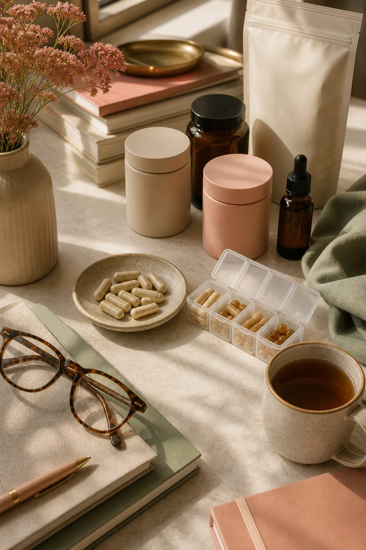 Midlife wellness desk with tea mug, capsule organizer, reading glasses, and neutral supplement packaging silhouettes