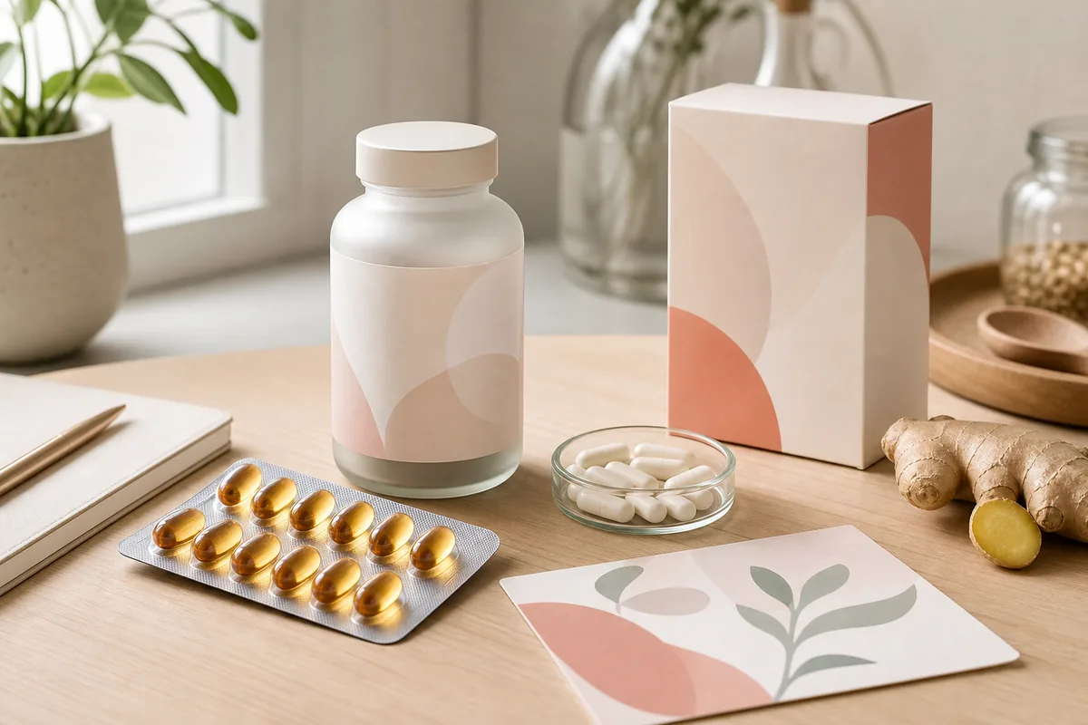 Unbranded prenatal supplement bottle, softgels, probiotic capsules, and ginger on a calm maternal nutrition workspace