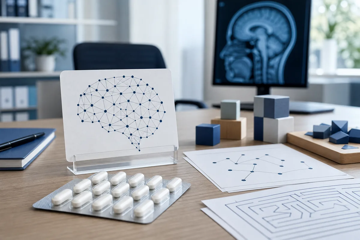 Unbranded citicoline tablets and abstract cognitive testing materials on a neurology assessment desk with a brain scan in soft focus