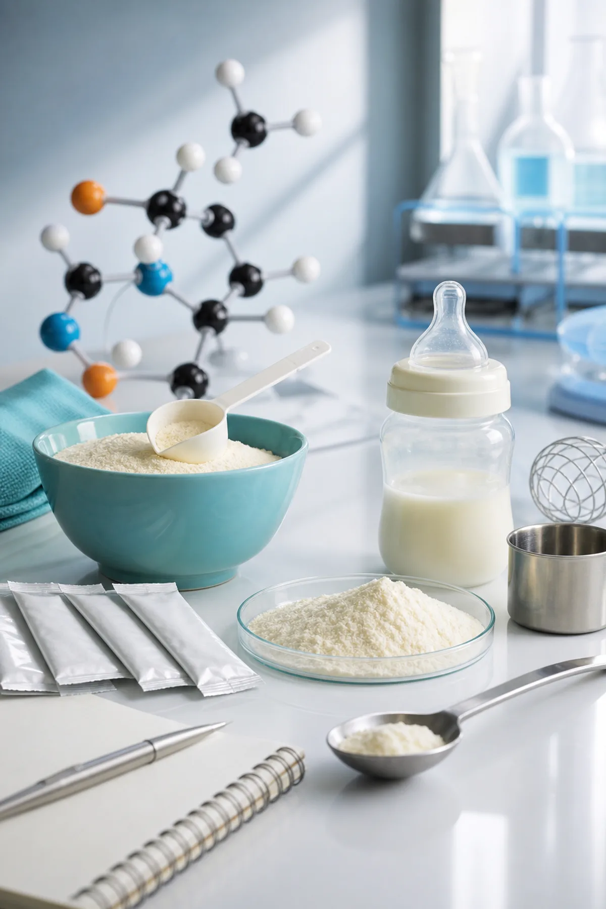 Pediatric nutrition planning setup with powder scoop, plain bottle, blank sachets, and an abstract molecular model