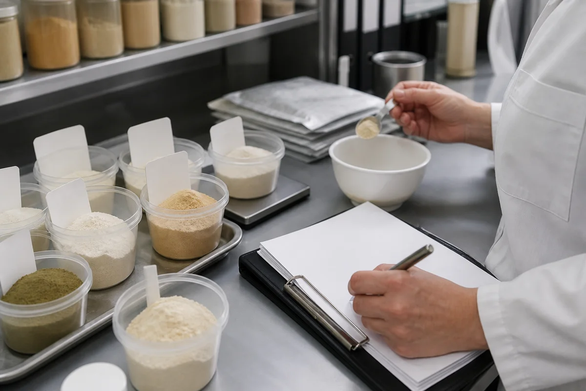 Personalized powder-formulation bench with separate unbranded ingredient cups, portion cards, and a small-batch quality file with a closer quality-review detail