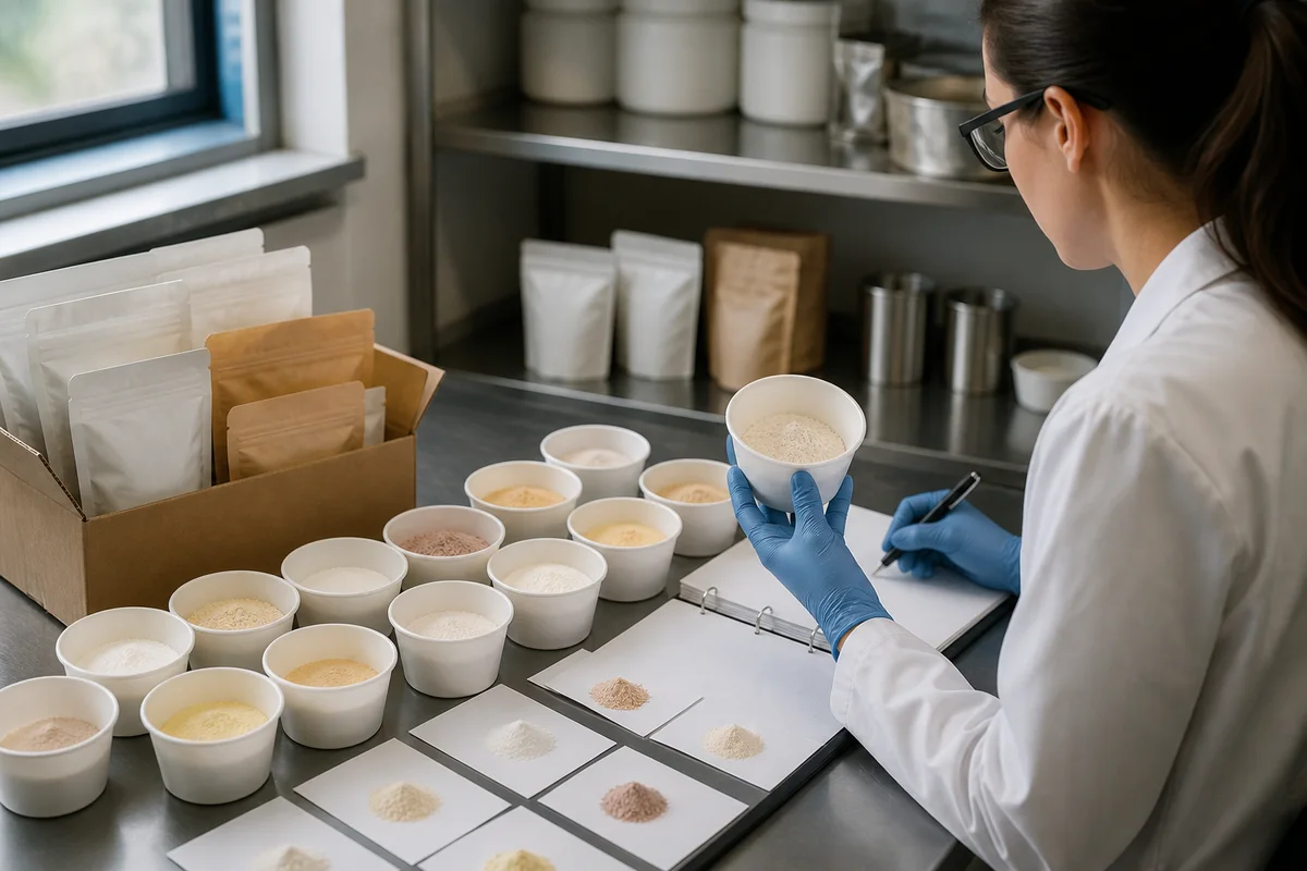 Personalized powder-formulation bench with separate unbranded ingredient cups, portion cards, and a small-batch quality file