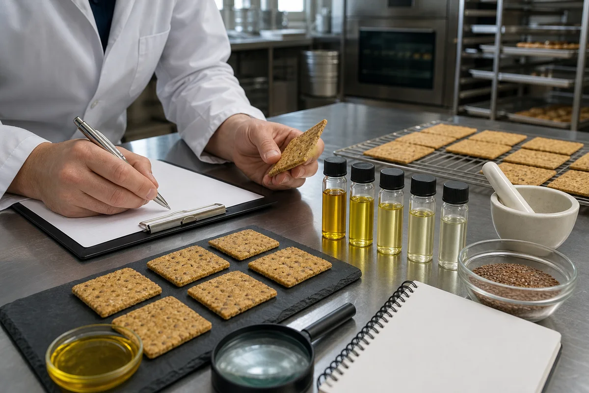 Functional food pilot kitchen with cracker prototypes, oil sample vials, a formulation worksheet, and quality review tools with a closer quality-review detail