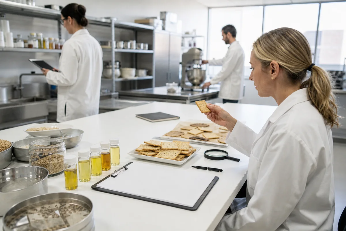 Functional food pilot kitchen with cracker prototypes, oil sample vials, a formulation worksheet, and quality review tools